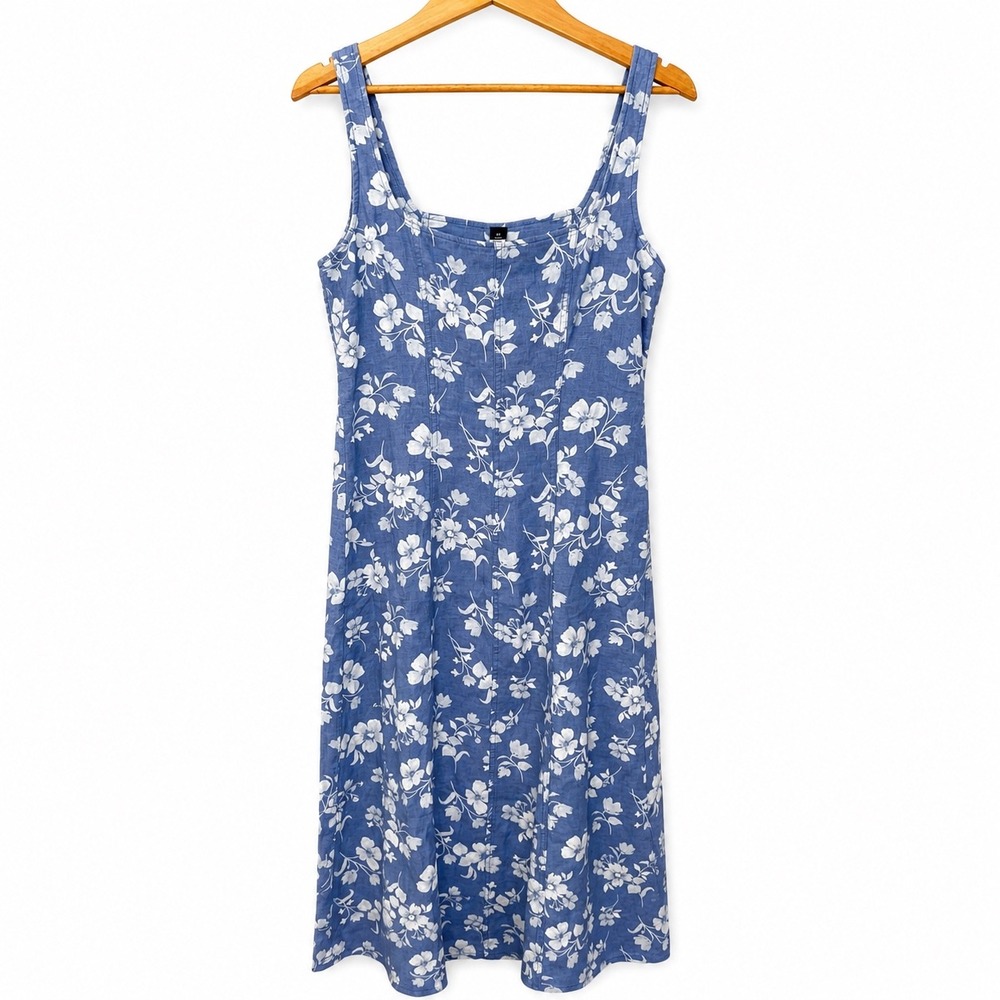 Old Navy Womens Blue Floral Linen Blend Smocked Midi Dress Medium Tall NWT